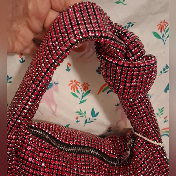 NWT Madison West Hot Pink Rhinestone Club Prom Knit Dumpling Purse Mini Bag - Picture 7 of 14